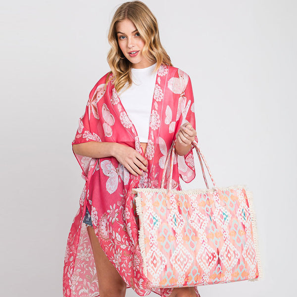 Boho Pattern Fringe Beach Bag - Coral