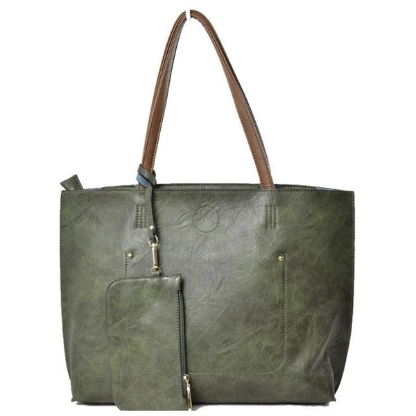 Reversible 2 N 1 Tote Bag w/Crossbody: Dark Green/Gold