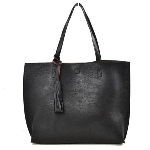 Reversible Vegan Leather Tote: Black & Red