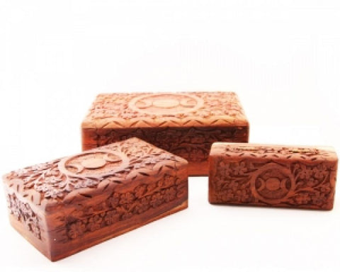 Triple Moon Carved Wood Box