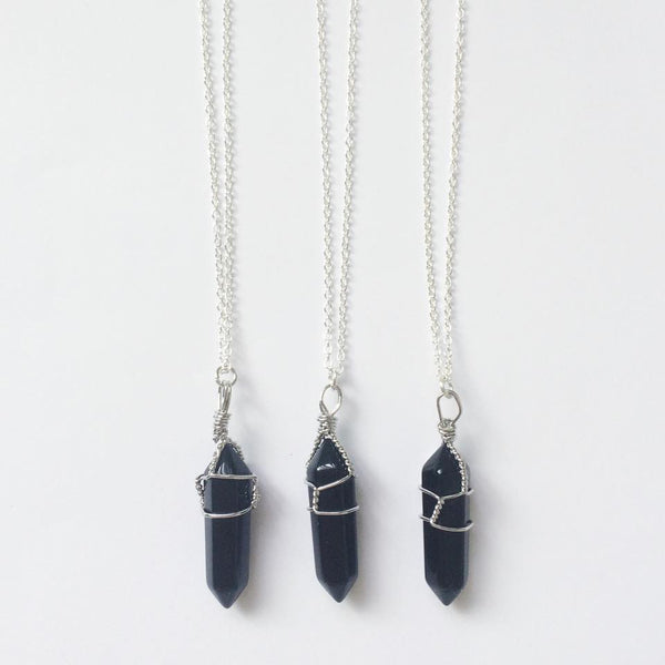 Wire Wrapped Black Onyx Crystal Pendant Necklace