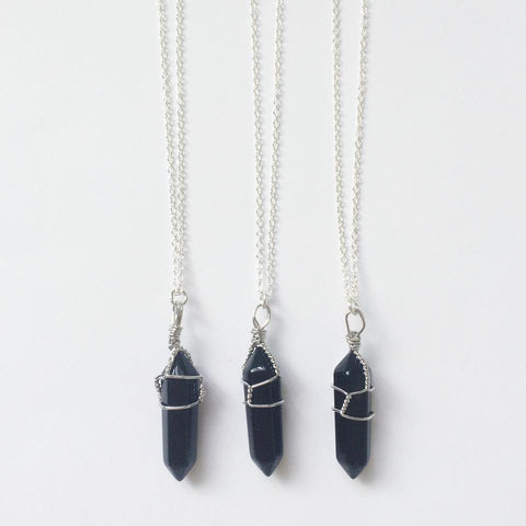 Wire Wrapped Black Onyx Crystal Pendant Necklace