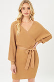 Off Shoulder Wrap Belted Ribbed Knit Dress