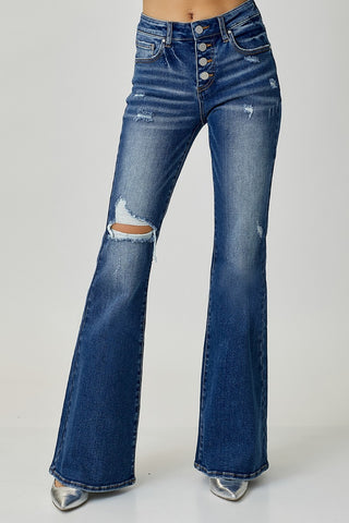 RISEN Distressed Button-Fly Flare Jeans - ONLINE ONLY