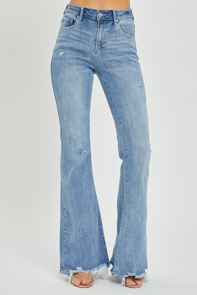 Risen Full Size High Rise Frayed Hem Flare Jeans - ONLINE ONLY