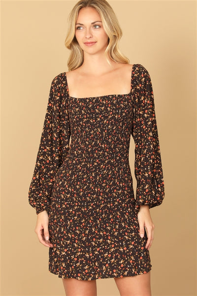 "Beauty Within" Black Floral Puff Sleeve Dress