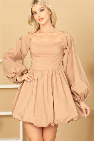 "At This Time" Brown Puff Babydoll Dress