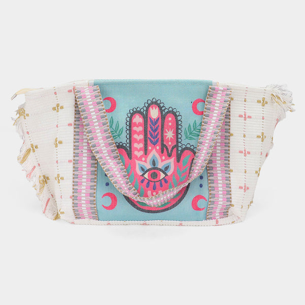 Tassel Trim Boho Hamsa Hand Tote Bag