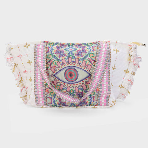 Tassel Trim Pink Evil Eye Tote Bag