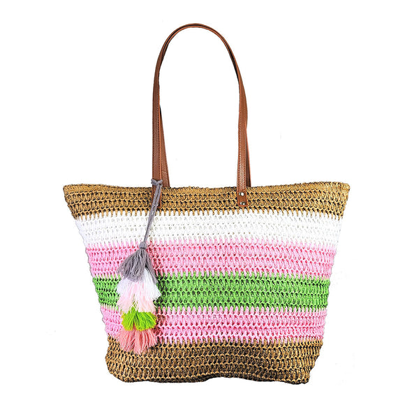 Color Block Straw Tassel Tote Bag