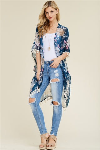 Blue Floral Tassel Cardigan