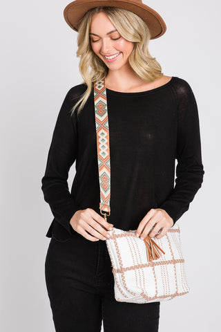 CHECKED PATTERN TASSEL CROSSBODY BAG-IVORY